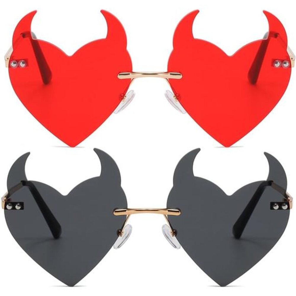 😈 Heart Devil Horn Sunglasses | Rimless Gothic Heart Shades